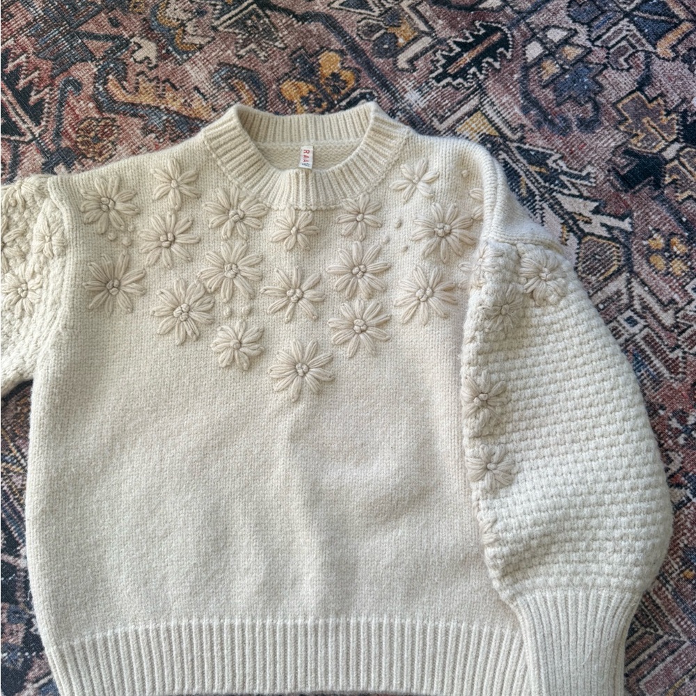Anthropologie Cream Floral Knit Sweater